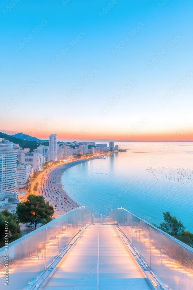 Poster 夕焼け時の海と都市のパノラマビュー 鮮やかなオレンジと青色の空 海岸沿いの近代的な建物と照明された橋
