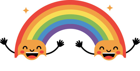 Happy cartoon rainbow with smiling faces celebrating joy in flat vector art
