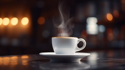 Fototapeta premium White coffee cup and saucer in a cozy cafe interior
