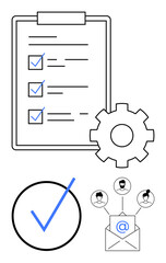Clipboard with marked checklist, gear for process, blue checkmark, envelope with user icons. Ideal for productivity, planning, teamwork, workflow, communication efficiency flat simple metaphor