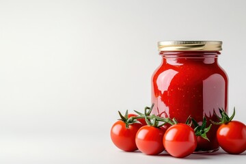 A vibrant red tomato sauce jar isolated on a white background, ready for product design showcases.