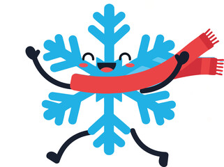 Fototapeta premium Happy snowflake character wearing a red scarf in a flat vector illustration