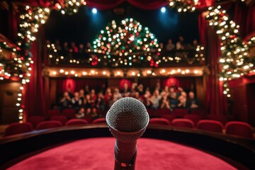 Stage setup for an open mic comedy show, with a microphone in focus from behind a comedian, showing the audience laughing in the background