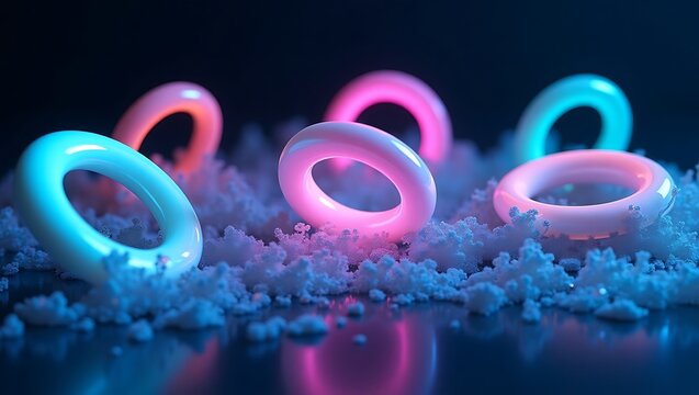 Glowing pastel rings on fluffy surface illuminated with neon lights in a dark environment scene - Powered by Adobe