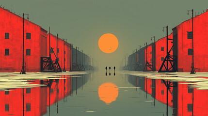 Holocaust minimalist art with red barracks, three figures and symbolic sunset reflection
