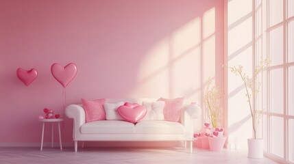 Cozy Pink Living Room Filled With Natural Light, Floral Artwork, and Heart Decorations for a Cheerful Ambiance