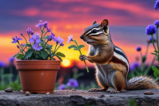 Curious Chipmunk Exploring Flower Pot at Sunset with Vibrant Colors