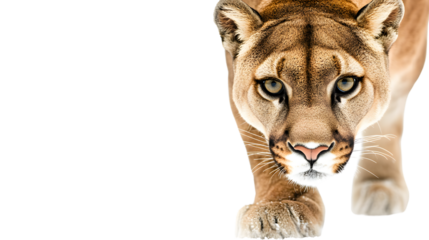 Sneaking Puma Portrait on Isolated White Background - High-Quality Wildlife Photography