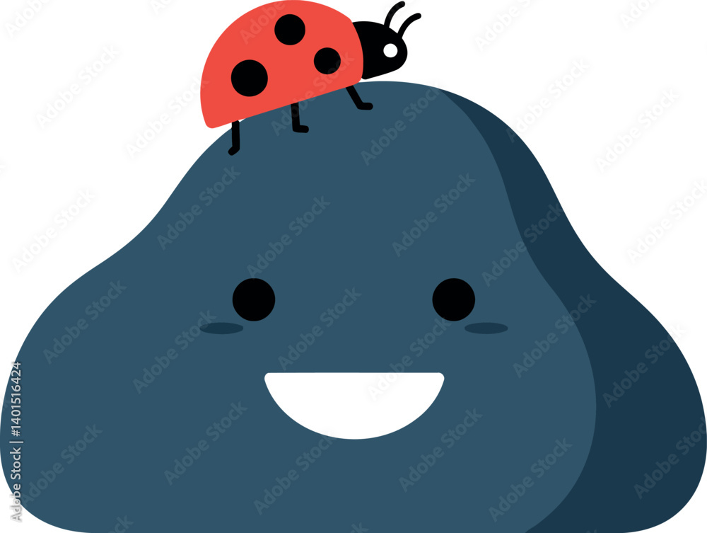 Aufkleber smiling rock character with a ladybug perched on top in flat vector art