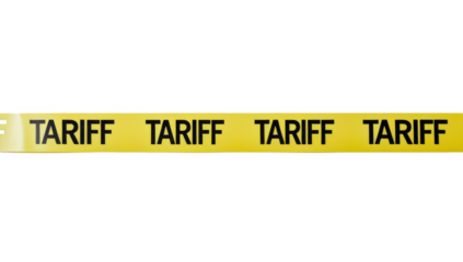 Cinta amarilla con la leyenda "TARIFF", colocada de manera recta, aislada sobre fondo transparente. PNG.