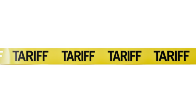 Cinta amarilla con la leyenda "TARIFF", colocada de manera recta, aislada sobre fondo transparente. PNG.