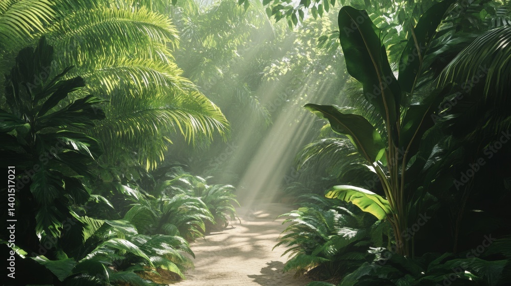 Poster sunlight filters through lush green foliage in a serene jungle setting, creating an enchanting atmos