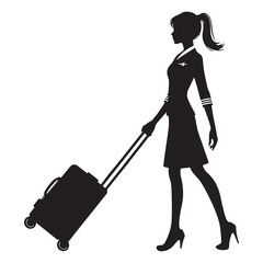 Professional female flight attendant silhouette pulling her suitcase