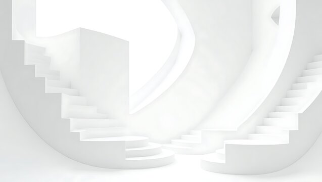 A minimalist white architectural space featuring stairs and curved walls in a bright environment