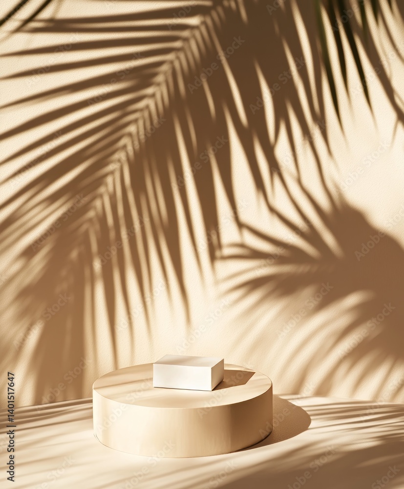 Poster natural light creates soft shadows on a minimalist marble pedestal with a simple rectangular object 