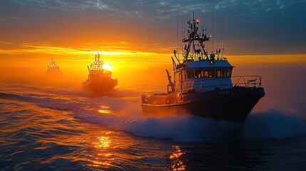Obraz premium Majestic Sunrise: Fishing Boats at Sea