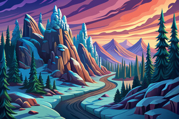 Mountain peak view landscape with sunrise soft light and road path. vector illustration background, winter valley at golden hour with pine trees