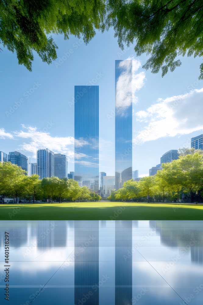 Aufkleber 都会の公園と水面に映る高層ビルの青空風景 緑豊かな木々 太陽光とクリアな反射が美しい現代建築