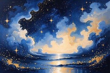 Fototapeta premium Graceful Abstract Celestial Painting of Navy Skies Melting into a Glittering Starlit Glow for Dreamlike Decor