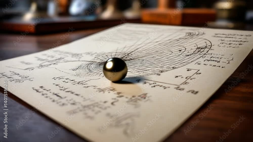 Poster math physics formulas on squared paper with metallic spheres generative ai