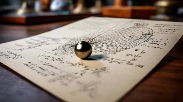 Math Physics Formulas on Squared Paper With Metallic Spheres Generative AI