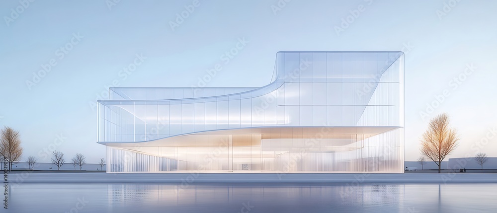 Poster 透明なガラス張りのモダン建築のデザイン 青空と水面の反射による風景 現代的な都市の洗練された構造