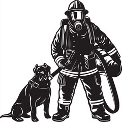 Firefighter with rescue dog standing alert Silhouette vector