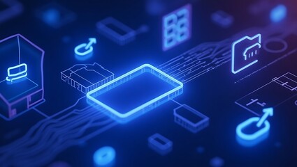 Abstract blue digital interface with glowing icons and data streams in a dark environment