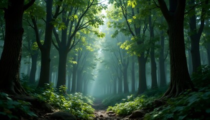 Fototapeta premium Serene Path Through Lush Green Wilderness in Soft Morning Light