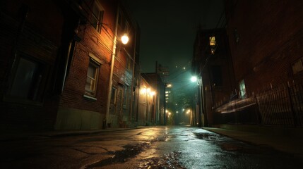 A dimly lit and eerie urban city alleyway under the cover of night.