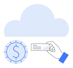 Cloud graphic above digital currency coin and hand holding ID card. Ideal for finance, digital payment, cloud services, identity verification, cybersecurity, data access, online management. Flat