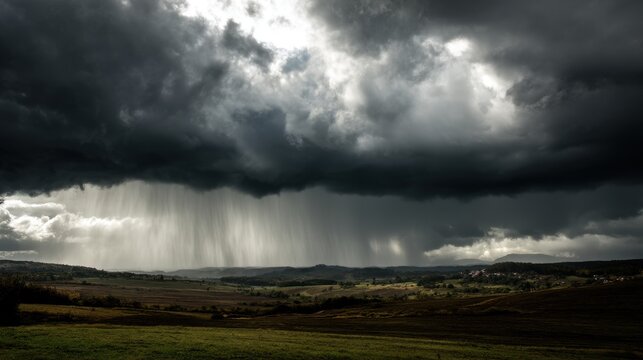 A dramatic stormy sky with dark clouds and heavy rain pouring down over a landscape.