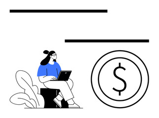 Woman with glasses using laptop seated by plants, large dollar coin emphasizing financial concepts. Ideal for online business, entrepreneurship, wealth, digital payment, freelancing, education