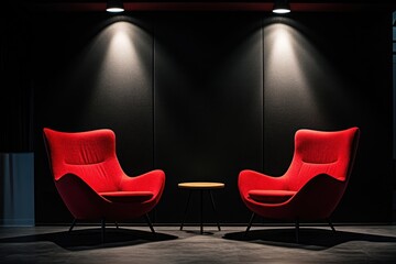 Two red lazy chairs positioned under spotlights in a podcast or interview room, creating a cozy and engaging environment for discussions or interviews.