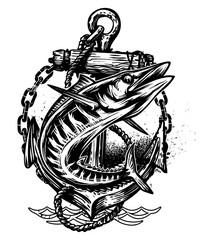 Ocean's Embrace: An intricate illustration of an anchor intertwined with a fish, symbolizing maritime adventure, reliability, and strength.