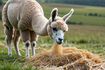 Obraz premium Whimsical Llama Discovering Straw in Serene Pastoral Meadow