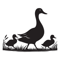 Mother Duck with Ducklings Silhouette Illustration in Grassy Landscape