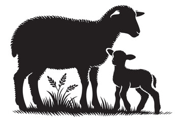 Silhouette Mother Sheep and Lamb in Field Vector Graphic