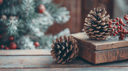 Two golden pine cones and red berries rest on a rustic wooden box near a snowy evergreen branch creating a cozy winter holiday scene perfect for festive cards or seasonal