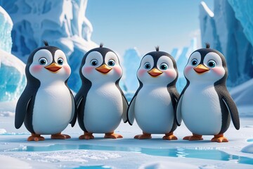 Fototapeta premium Four Joyful 3D Cartoon Penguins in a Cold Icy Landscape