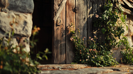 A rustic wooden door slightly ajar reveals a dark interior, overgrown with vibrant green vines and delicate pink wildflowers against a weathered stone wall.