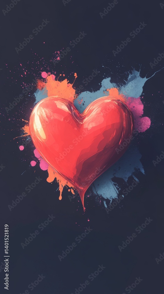 Poster vibrant heart shape splashed with red liquid against a dark background creating a striking visual ef