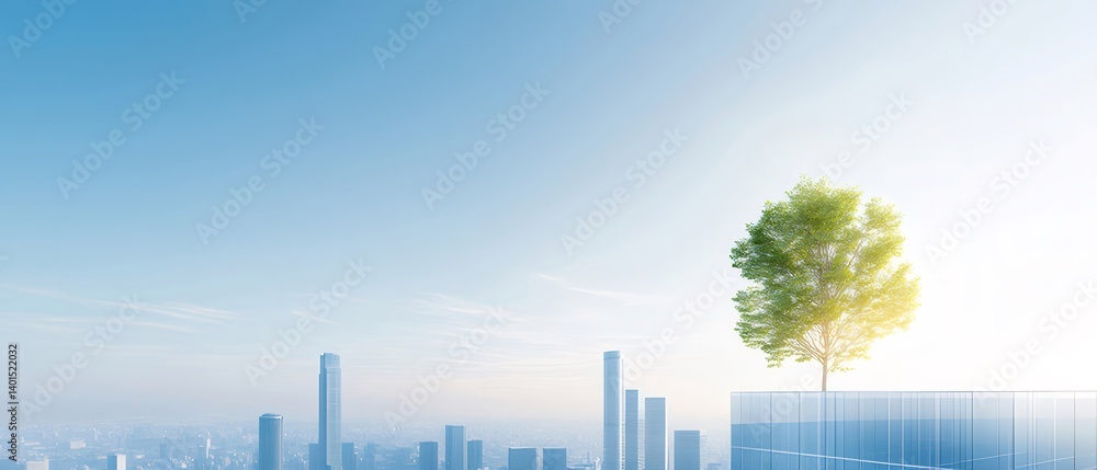 Poster 青空の下の都市景観 緑豊かな木がそびえ立つ高層ビルの屋上 都会の自然の融合 美しい朝焼けの光景