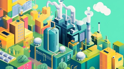 Obraz premium Futuristic Eco-Friendly Building Surrounded by Lush Greenery and Solar Panels in a Vibrant Urban Environment During Daylight Hours