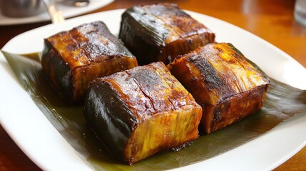 Traditional Dominican Pasteles en Hoja, wrapped in plantain leaves, showcasing the vibrant colors and textures of this delicious, savory dish.