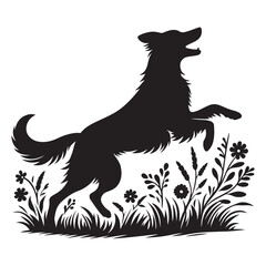 Playful Dog Jumping Through Grass Silhouette Illustration Design