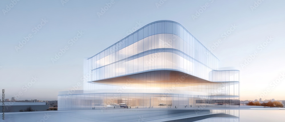 Poster 近代的ガラス建築と青空の風景 日中の明るい光の下での洗練された透明感のある構造