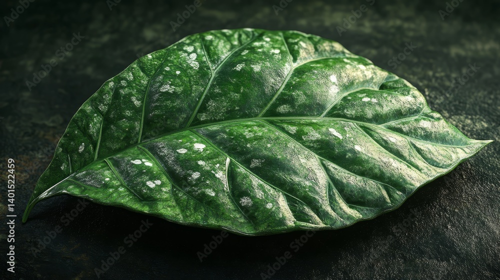 Poster lush green leaf showcasing intricate patterns and textures against a dark background emphasizing its