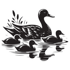 Mother Duck and Ducklings Swimming in the Water Silhouette