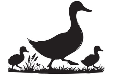 Silhouette of Duck Family Walking Outdoor Animal Illustration
